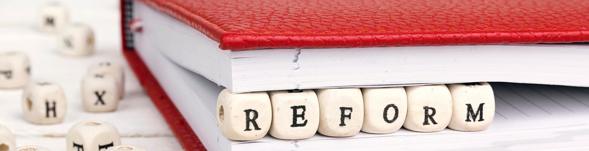The letters REFORM in between the pages of a red notebook