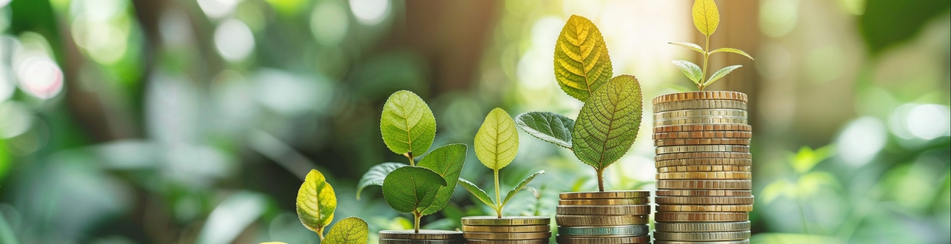 saplings growing out of piles of coins