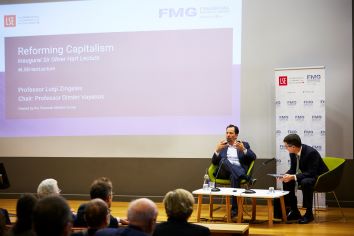 Image of lecture theatre from Inaugural Sir Oliver Hart lecture with Luigi Zingales as speaker and Dimitri Vayanos as chair