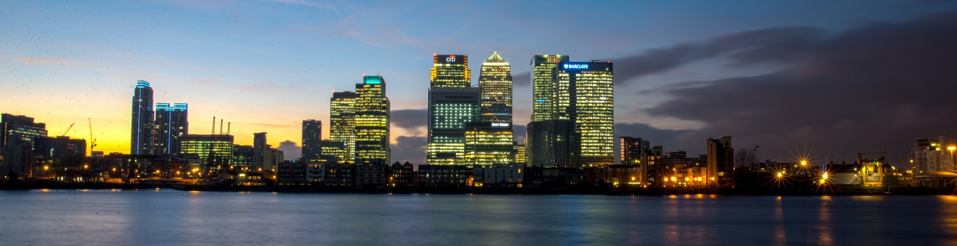 skyline with banks at dusk