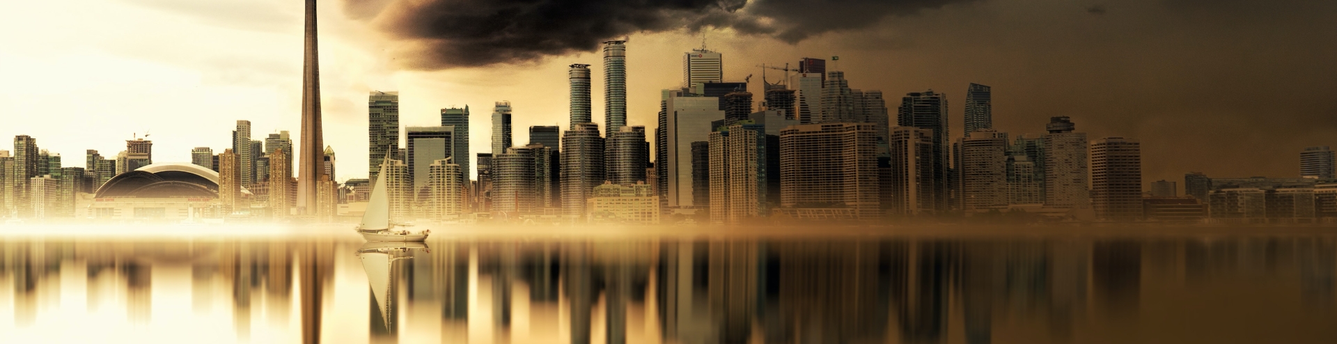 Image of a tornado approaching the horizon on a landscape of skyscrapers at dusk