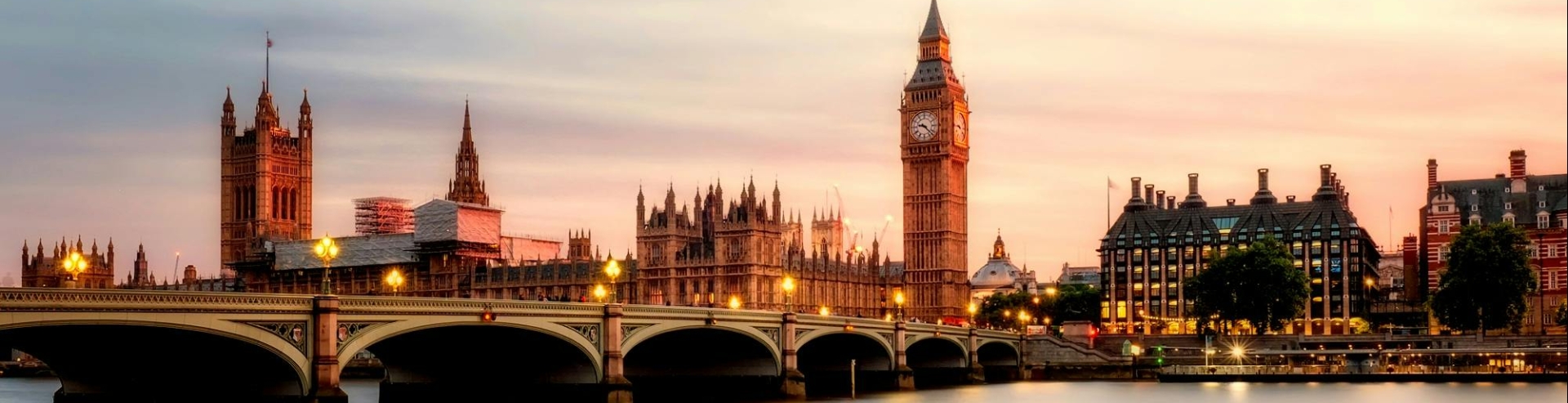 London landscape at dusk over Westminster bridge