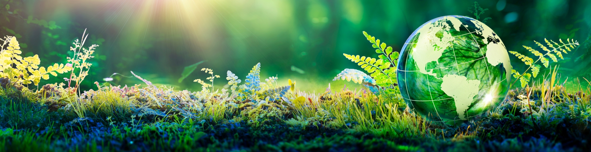 Environment Concept - Globe Glass In Green Forest With Sunlight, #sustainability