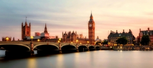London landscape at dusk over Westminster bridge